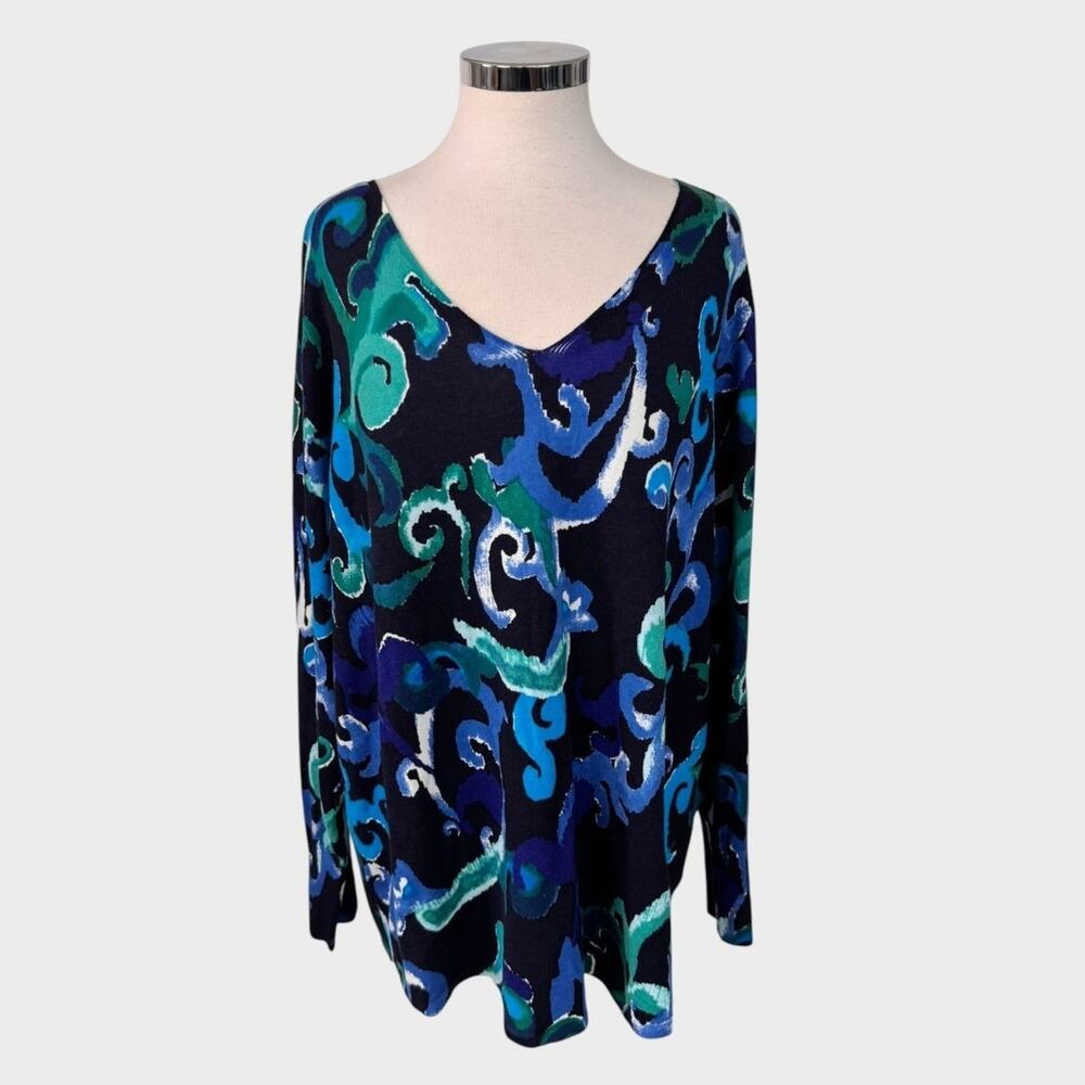 Chico's Womens Size 4 US XXL V Neck Long Sleeve Pullover Top Blue Green Black